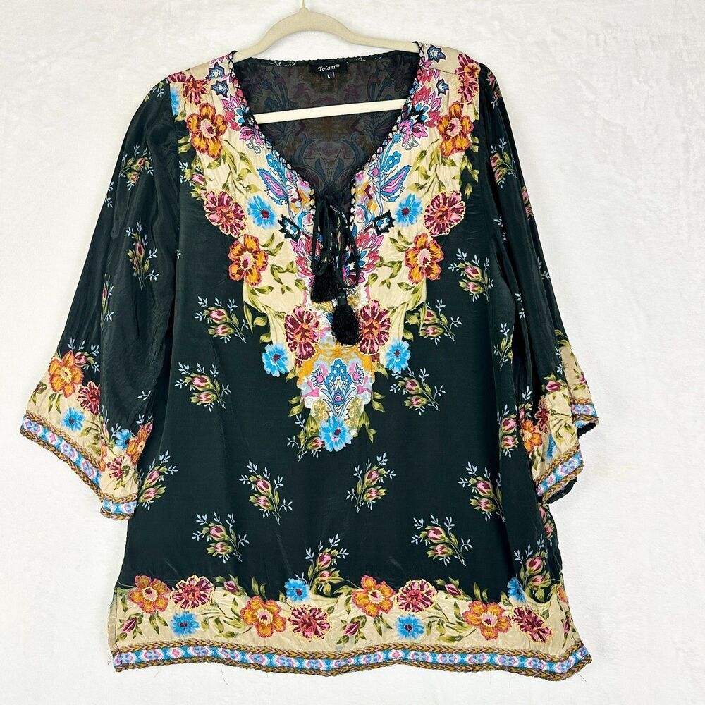Anthropologie Tolani Floral Embroirdered Cupro Top Size Large Tie V-Neck Boho
